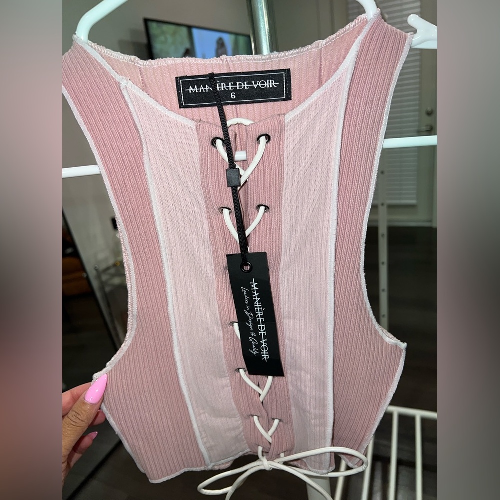 MANIERE DE VOIR Cropped Sleeveless Top pink, lace up, sexy